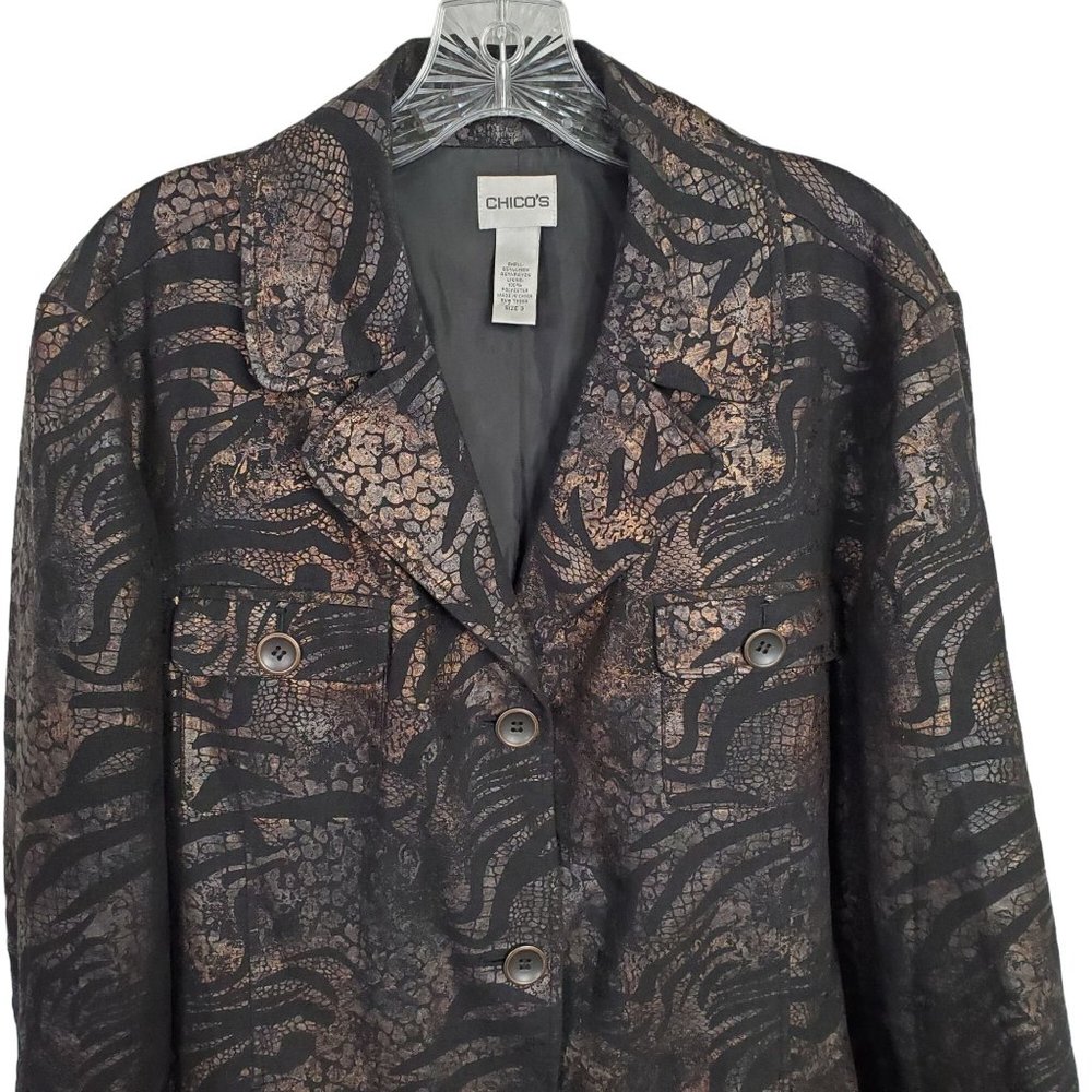 Chico's XL Size 3 Jacket Blazer Linen Blend Safari Exotic Animal Print Pockets - Picture 4 of 10